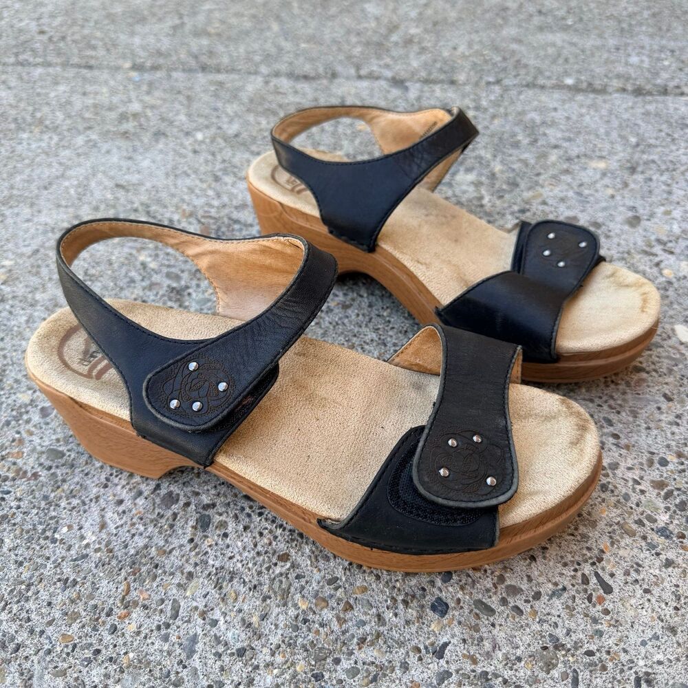 Dansko Sonnet Black Leather Ankle Strap Clog Platform Comfort Sandals 40/ 9.5